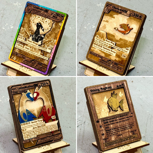 3D Wooden Pokemon Trading Card Replica Laser Cut Multi-Layered Collector Fan Art TCG