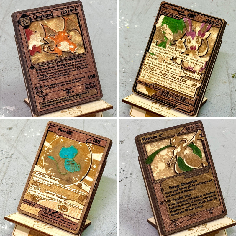 3D Wooden Pokemon Trading Card Replica Laser Cut Multi-Layered Collector Fan Art TCG