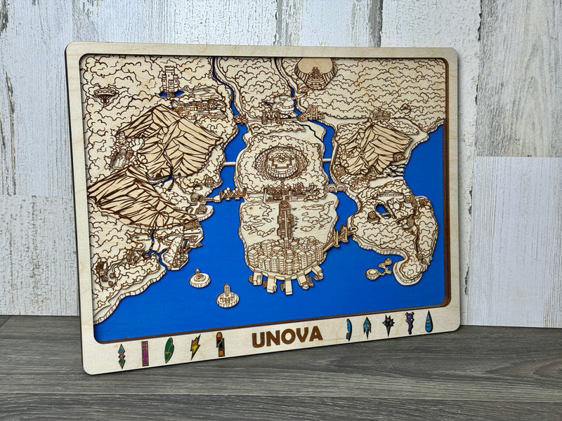 3D Unova Video Game Map Laser Cut Wood MultiLayer Custom Decor Nintendo Pokemon Fan Art