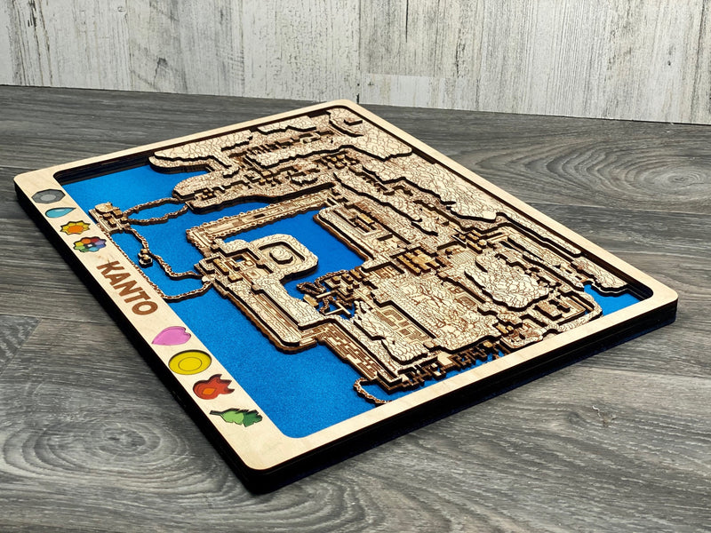 3D Kanto Video Game Map Laser Cut Wood MultiLayer Custom Decor Nintendo Pokemon Fan Art