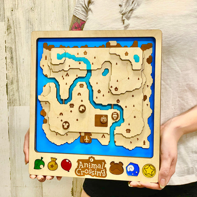 3D Animal Crossing Video Game Map Laser Cut Wood MultiLayer Custom Decor Nintendo New Horizons Fan Art